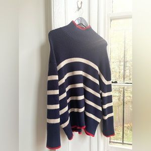 NEVER WORN Dark Blue Striped Sweater with Red Piping